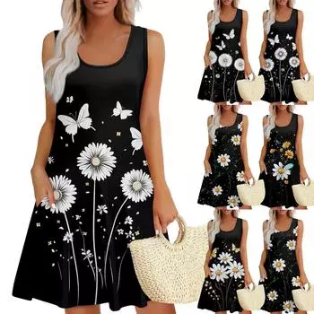 Женское летнее повседневное платье с U-образным вырезом и цветочным принтом, платье без рукавов с карманами S чёрный