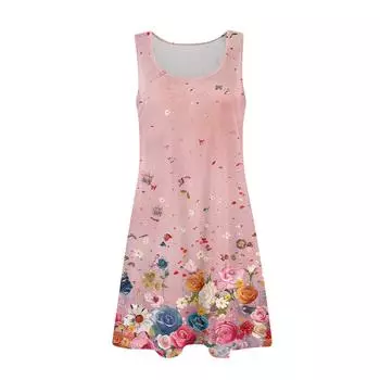 Женское летнее повседневное платье с U-образным вырезом и цветочным принтом, платье без рукавов с карманами S темно-зеленого