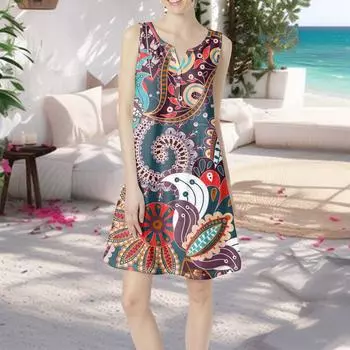 Женское летнее повседневное платье с V-образным вырезом и принтом в виде цветного платья с карманами S