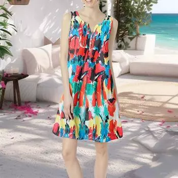 Женское летнее повседневное платье с V-образным вырезом и принтом в виде цветного платья с карманами L