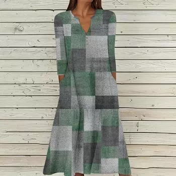 Женское летнее повседневное платье с V-образным вырезом на пуговицах, винтажным принтом, рукавом три четверти, длинное, с карманами M зелёный