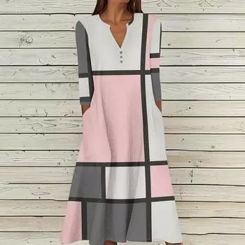 Женское летнее повседневное платье с V-образным вырезом на пуговицах, в стиле ретро, с геометрическим принтом, рукавами три четверти и карманами L розовый
