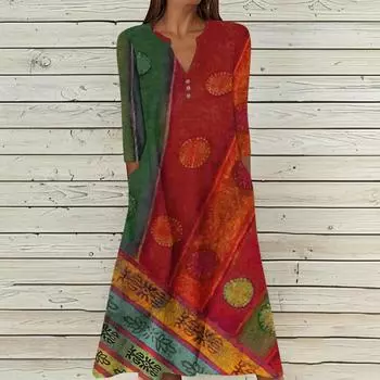 Женское летнее повседневное платье с V-образным вырезом на пуговицах, винтажным цветочным принтом, рукавом три четверти, длинное, с карманами XXL красный