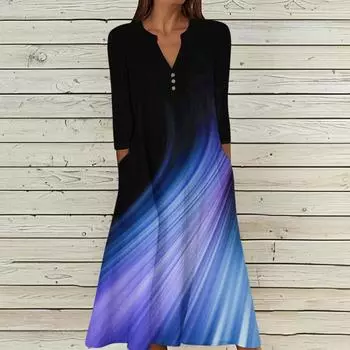 Женское летнее повседневное платье с V-образным вырезом на пуговицах, винтажным принтом, рукавом три четверти, длинное, с карманами L чёрный