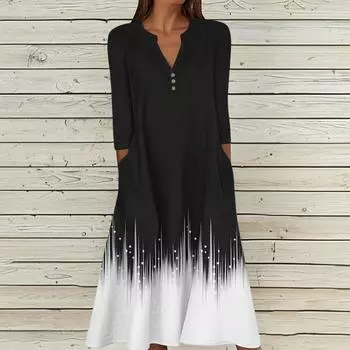 Женское летнее повседневное платье с V-образным вырезом на пуговицах, в стиле ретро, с геометрическим принтом, рукавами три четверти и карманами L чёрный