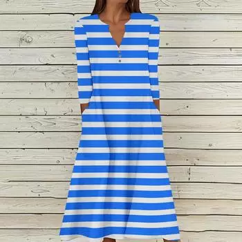 Женское летнее повседневное платье с V-образным вырезом на пуговицах, винтажным цветочным принтом, рукавом три четверти, длинное, с карманами L синий