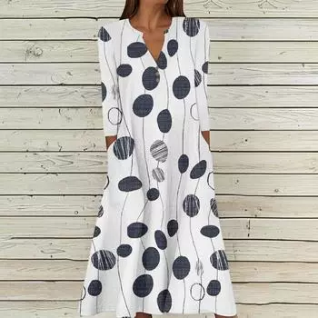 Женское летнее повседневное платье с V-образным вырезом на пуговицах, в стиле ретро, с геометрическим принтом, рукавами три четверти и карманами L бежевый