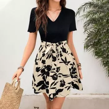 Женское летнее повседневное платье с V-образным вырезом, платье А-силуэта с цветочным принтом в стиле бохо S хаки