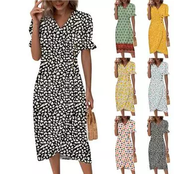 Женское летнее повседневное платье с v-образным вырезом и трапециевидным вырезом в стиле бохо, платье с цветочным принтом и воланами, с запахом и подолом L