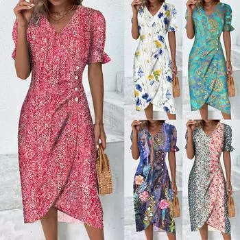 Женское летнее повседневное платье с v-образным вырезом и трапециевидным вырезом в стиле бохо, платье с цветочным принтом и воланами, с запахом и подолом L зелёный