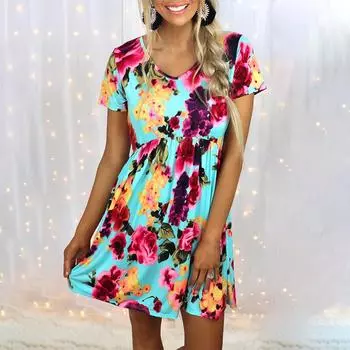 Женское летнее повседневное платье с v-образным вырезом и короткими рукавами с принтом и высокой талией XXL