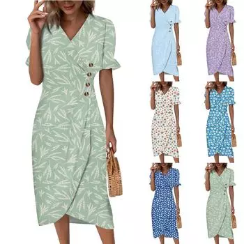 Женское летнее повседневное платье с v-образным вырезом и трапециевидным вырезом в стиле бохо, платье с цветочным принтом и воланами, с запахом и подолом XL бежевый