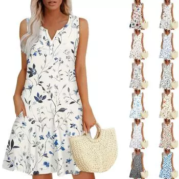 Женское летнее повседневное платье с V-образным вырезом, цветочным принтом и пуговицами, с карманами M