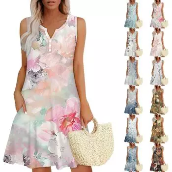 Женское летнее повседневное платье с V-образным вырезом, цветочным принтом и пуговицами, с карманами S коричневый