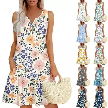Женское летнее повседневное платье с V-образным вырезом, цветочным принтом и пуговицами, с карманами XXL