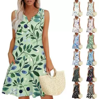 Женское летнее повседневное платье с V-образным вырезом, цветочным принтом и пуговицами, с карманами XL