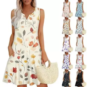 Женское летнее повседневное платье с V-образным вырезом, цветочным принтом и пуговицами, с карманами L оранжевый