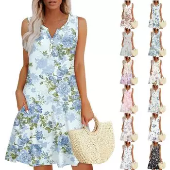 Женское летнее повседневное платье с V-образным вырезом, цветочным принтом и пуговицами, с карманами S синий