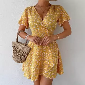 Женское летнее повседневное платье с V-образным вырезом и цветочным принтом, нестандартное цельное платье S