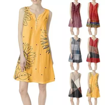 Женское летнее повседневное платье с V-образным вырезом и принтом в виде цветного платья с карманами L