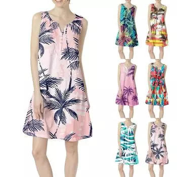 Женское летнее повседневное платье с V-образным вырезом и принтом в виде цветного платья с карманами L