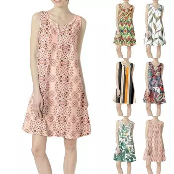 Женское летнее повседневное платье с V-образным вырезом и принтом в виде цветного платья с карманами L