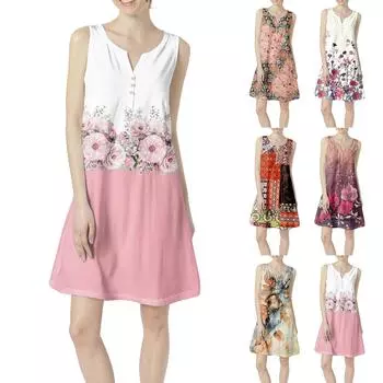 Женское летнее повседневное платье с V-образным вырезом и принтом в виде цветного платья с карманами L