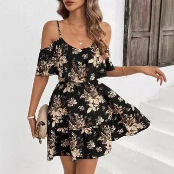 Женское летнее повседневное платье с v-образным вырезом и открытыми плечами с цветочным принтом S чёрный
