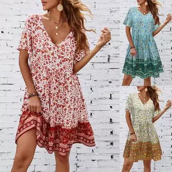 Женское летнее повседневное платье-туника А-силуэта с коротким рукавом и квадратным вырезом, с морщинистым цветочным принтом XL красный