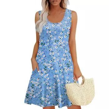 Женское летнее повседневное платье U-образного кроя с завязкой и карманом, популярное цветочное платье с принтом L синий