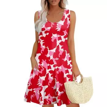 Женское летнее повседневное платье U-образного кроя с завязкой и карманом, популярное цветочное платье с принтом XL красный