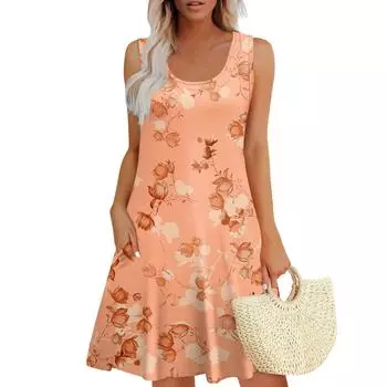 Женское летнее повседневное платье U-образного кроя с завязкой и карманом, популярное цветочное платье с принтом M шафрановый