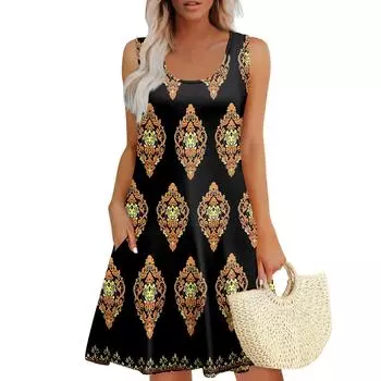 Женское летнее повседневное платье U-образного кроя с завязкой и карманом, популярное цветочное платье с принтом S чёрный