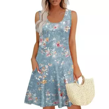 Женское летнее повседневное платье U-образного кроя с завязкой и карманом, популярное цветочное платье с принтом S