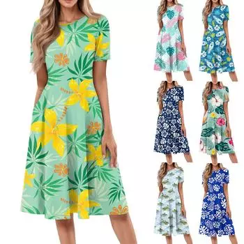 Женское летнее повседневное платье U-образной формы с завязкой на кармане и короткими рукавами L синий