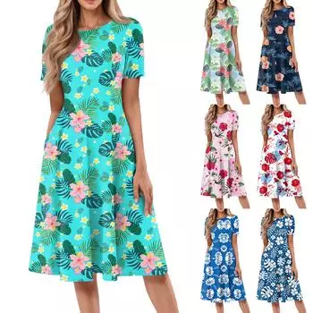 Женское летнее повседневное платье U-образной формы с завязкой на кармане и короткими рукавами M красный