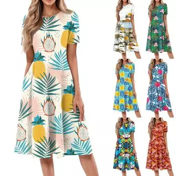 Женское летнее повседневное платье U-образной формы с завязкой на кармане и короткими рукавами L синий