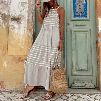 Женское летнее повседневное платье в полоску с принтом без рукавов, элегантное офисное платье с круглым вырезом, длинное платье трапециевидной формы, женское платье с лямкой на бретельках, женская одежда 24360 S серый