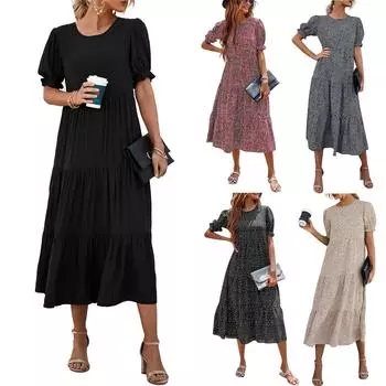 Женское летнее повседневное платье в стиле бохо с цветочным принтом и рюшами и пышными рукавами, пляжные платья миди с высокой талией