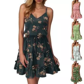 Женское летнее повседневное платье в стиле бохо с оборками на тонких бретельках L