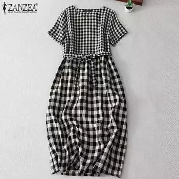 Женское летнее повседневное платье ZANZEA с круглым вырезом и короткими рукавами в клетку 5XL красный