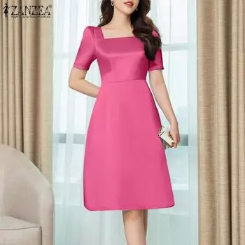 Женское летнее повседневное платье ZANZEA с квадратным воротником и коротким рукавом S синий