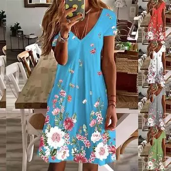 Женское летнее повседневное плиссированное элегантное вечернее платье с v-образным вырезом. Женские свободные хлопковые платья. Платья с коротким рукавом и цветочным принтом. 5XL