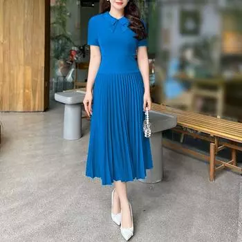 Женское летнее повседневное плиссированное платье с коротким рукавом ZANZEA S синий