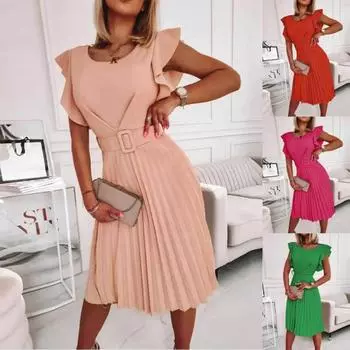 Женское летнее повседневное плиссированное платье с рюшами и круглым вырезом на талии и поясом L зелёный