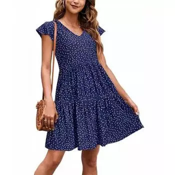 Женское летнее повседневное плиссированное платье с V-образным вырезом S синий