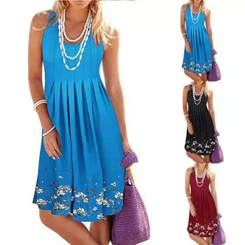 Женское летнее повседневное пляжное платье без рукавов с принтом, короткое платье L чёрный