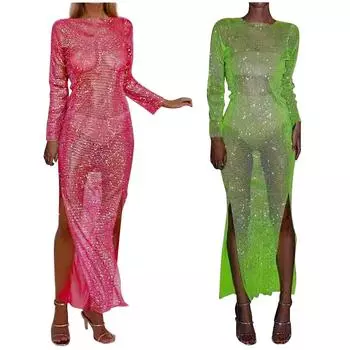 Женское летнее повседневное пляжное платье с длинными рукавами и блестками, сексуальное платье с разрезом L зелёный