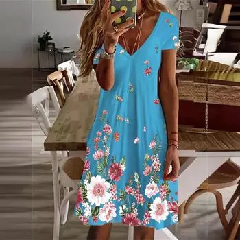 Женское летнее повседневное праздничное цельное платье с V-образным вырезом и цветочным принтом S