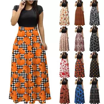 Женское летнее повседневное праздничное платье с цветными блоками и принтом на Хэллоуин XL коричневый